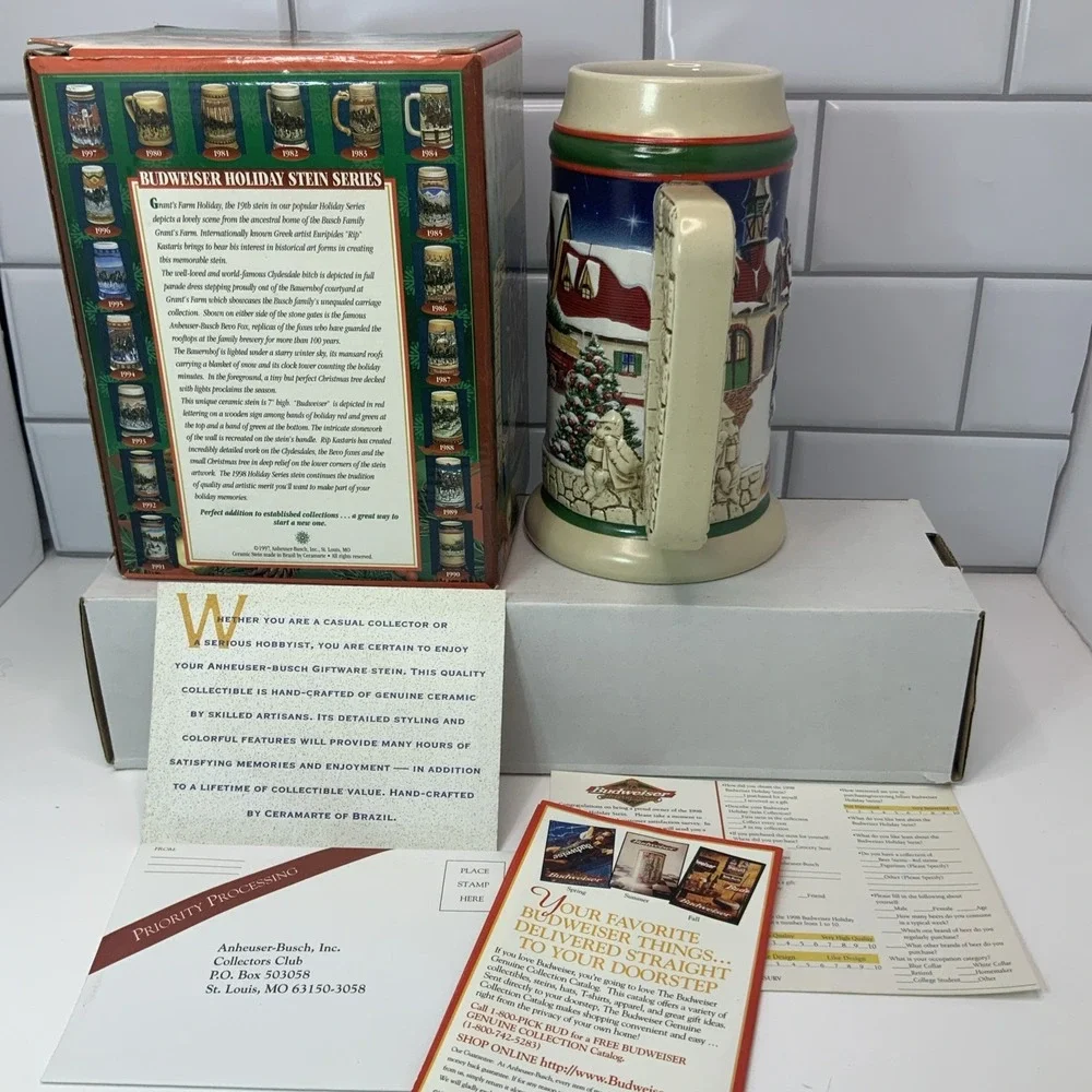 1998 Budweiser Holiday Stein Ceramic BeerMug Collectible Grants Farm Holiday NEW